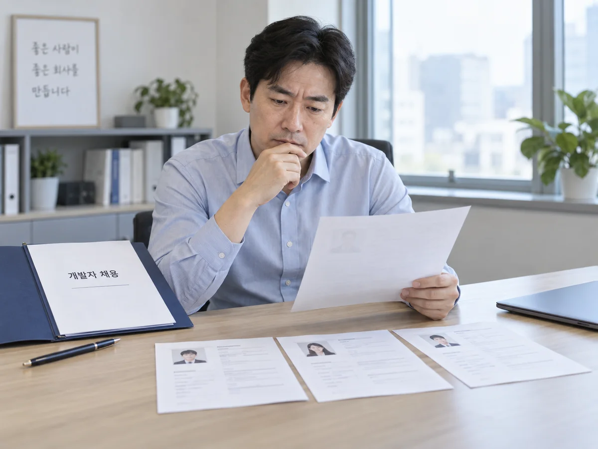 개발자 지원서를 비교하며 회사에 맞는 인재 채용을 고민하는 대표의 모습 예시